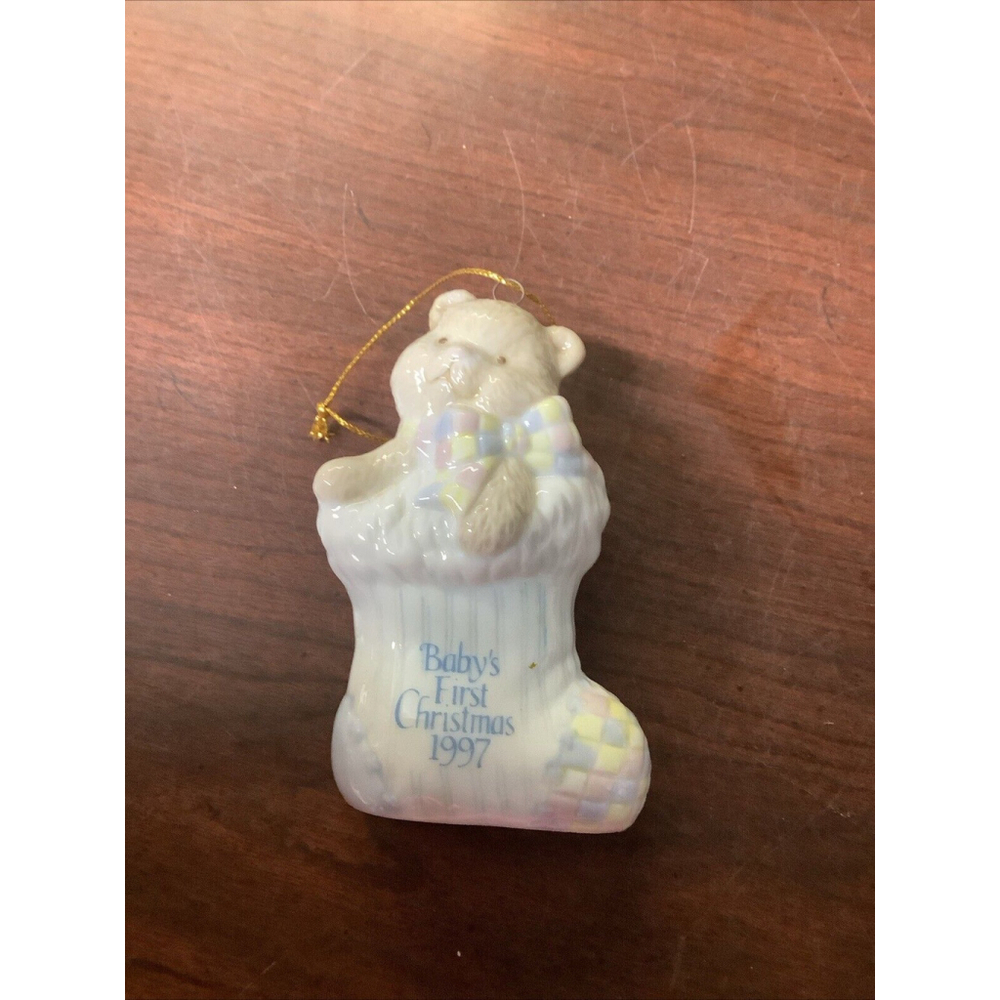 Vintage Babys First Christmas 1997 Avon Ceramic Ornament Teddy Bear Stocking